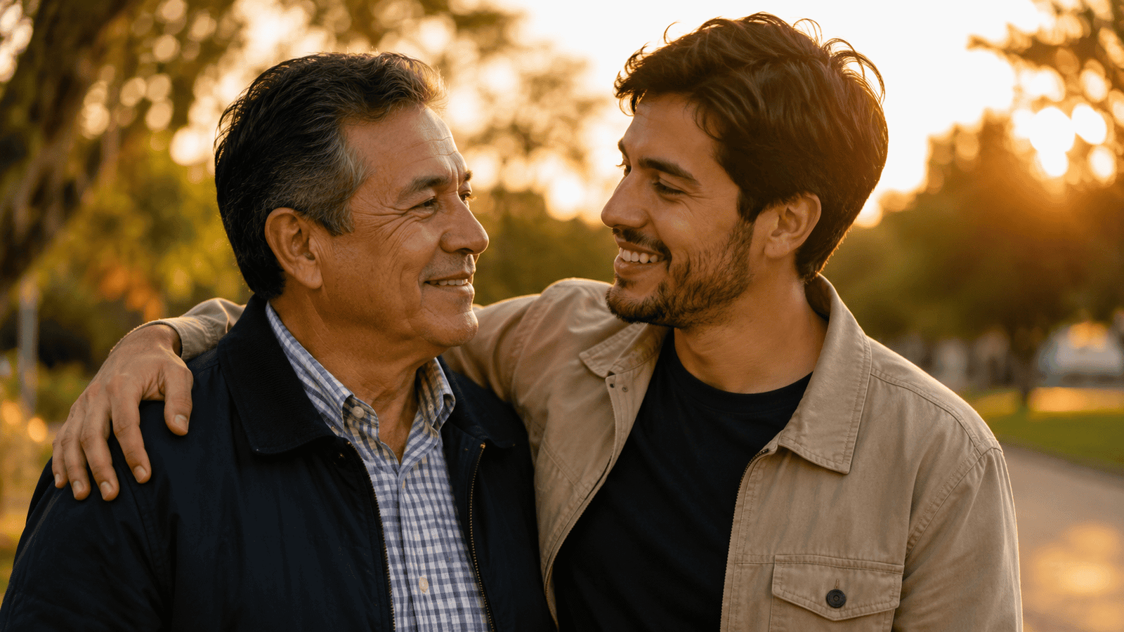 Padre y su hijo adulto compartiendo un abrazo y una sonrisa al atardecer