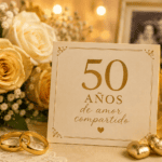 Rosas doradas, anillos de boda y velas junto a una tarjeta de 50 años en una celebración de bodas de oro matrimoniales.