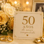 Rosas doradas, anillos de boda y velas junto a una tarjeta de 50 años en una celebración de bodas de oro matrimoniales.