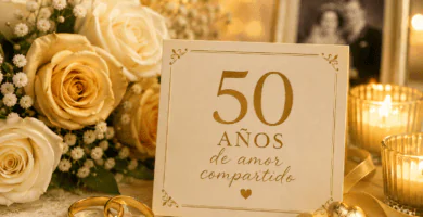 Rosas doradas, anillos de boda y velas junto a una tarjeta de 50 años en una celebración de bodas de oro matrimoniales.