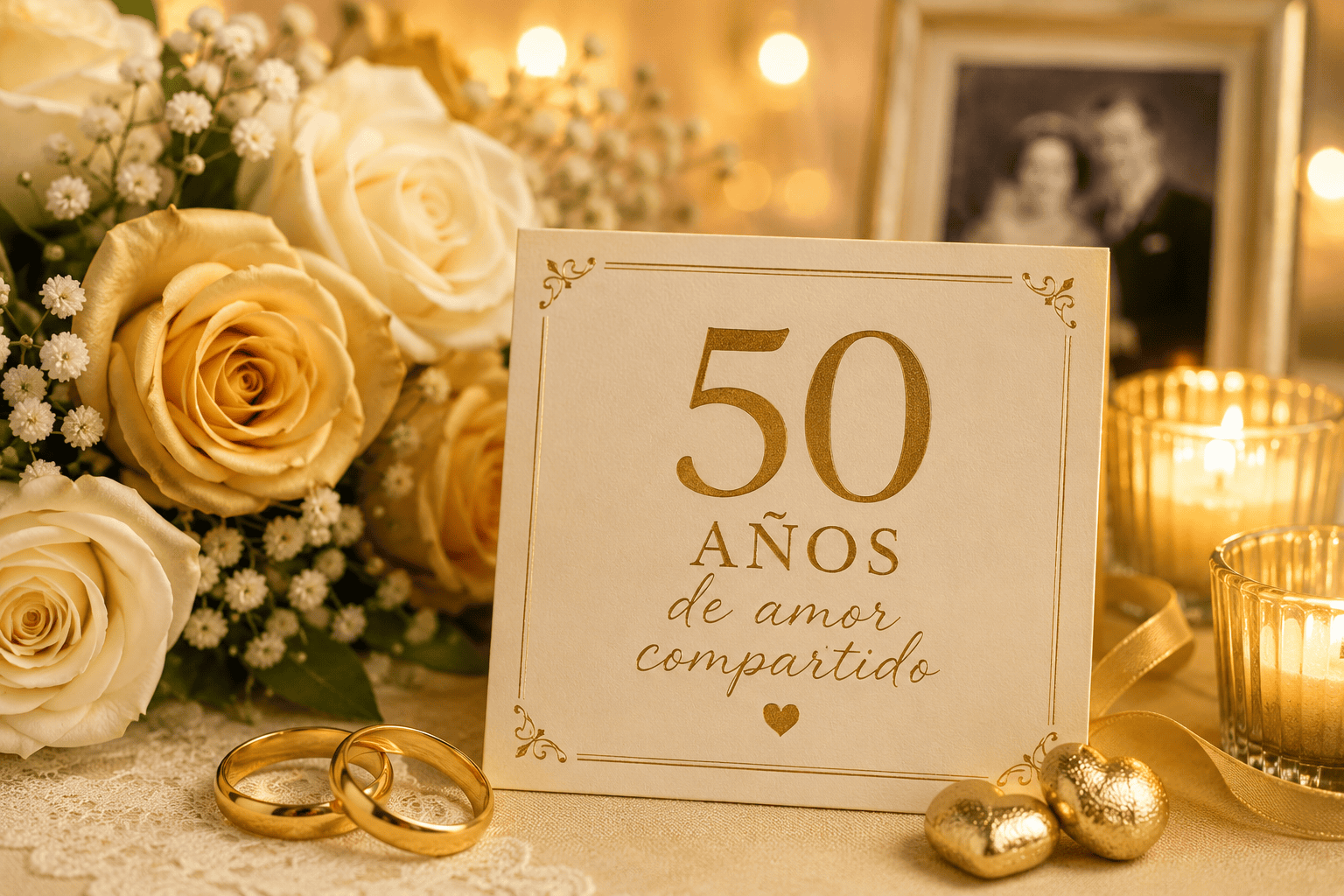 Rosas doradas, anillos de boda y velas junto a una tarjeta de 50 años en una celebración de bodas de oro matrimoniales.
