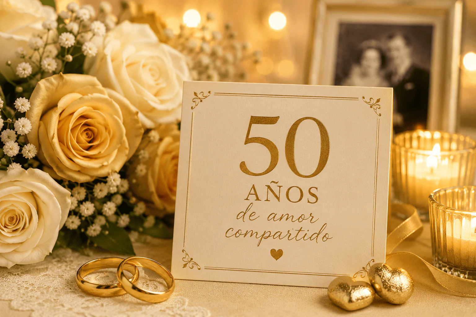 Rosas doradas, anillos de boda y velas junto a una tarjeta de 50 años en una celebración de bodas de oro matrimoniales.