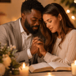 Pareja interracial orando junta en una cena íntima de aniversario de bodas, con Biblia abierta, velas y ambiente cálido.