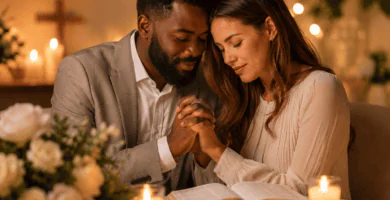 Pareja interracial orando junta en una cena íntima de aniversario de bodas, con Biblia abierta, velas y ambiente cálido.
