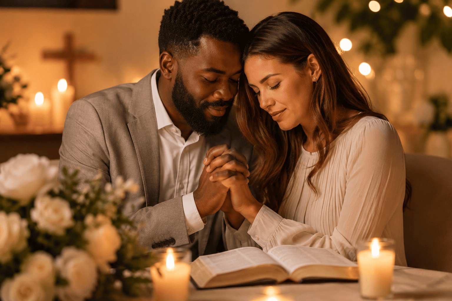 Pareja interracial orando junta en una cena íntima de aniversario de bodas, con Biblia abierta, velas y ambiente cálido.