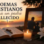 Biblia abierta, vela encendida, flores blancas y fotografía de padre e hijo al atardecer como recuerdo cristiano de un padre fallecido
