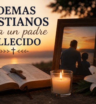 Biblia abierta, vela encendida, flores blancas y fotografía de padre e hijo al atardecer como recuerdo cristiano de un padre fallecido