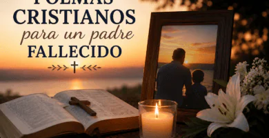 Biblia abierta, vela encendida, flores blancas y fotografía de padre e hijo al atardecer como recuerdo cristiano de un padre fallecido