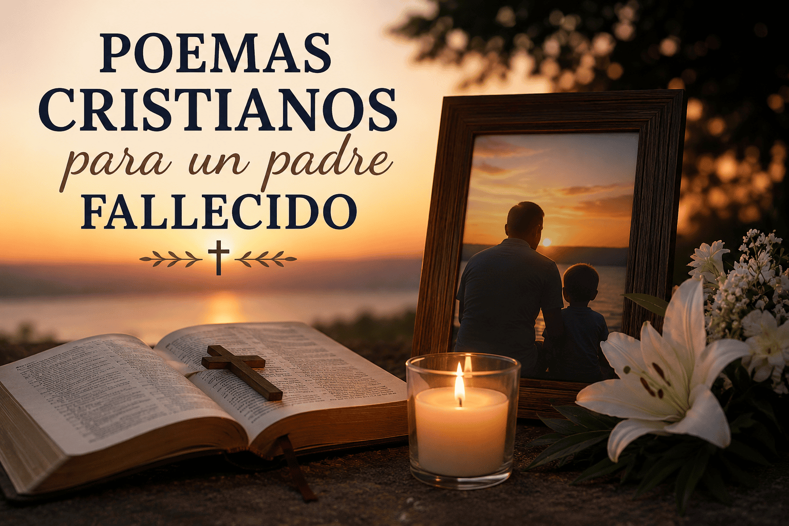 Biblia abierta, vela encendida, flores blancas y fotografía de padre e hijo al atardecer como recuerdo cristiano de un padre fallecido