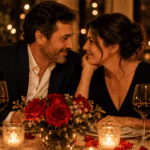 Pareja adulta celebrando su aniversario de bodas en una cena romántica con velas, rosas rojas y ambiente cálido.
