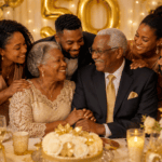 Familia celebrando las bodas de oro de sus padres, con pareja mayor negra rodeada de sus hijos en un ambiente cálido y elegante.