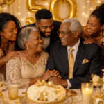Familia celebrando las bodas de oro de sus padres, con pareja mayor negra rodeada de sus hijos en un ambiente cálido y elegante.