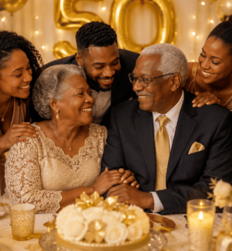 Familia celebrando las bodas de oro de sus padres, con pareja mayor negra rodeada de sus hijos en un ambiente cálido y elegante.
