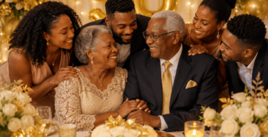 Familia celebrando las bodas de oro de sus padres, con pareja mayor negra rodeada de sus hijos en un ambiente cálido y elegante.
