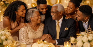 Familia celebrando las bodas de oro de sus padres, con pareja mayor negra rodeada de sus hijos en un ambiente cálido y elegante.
