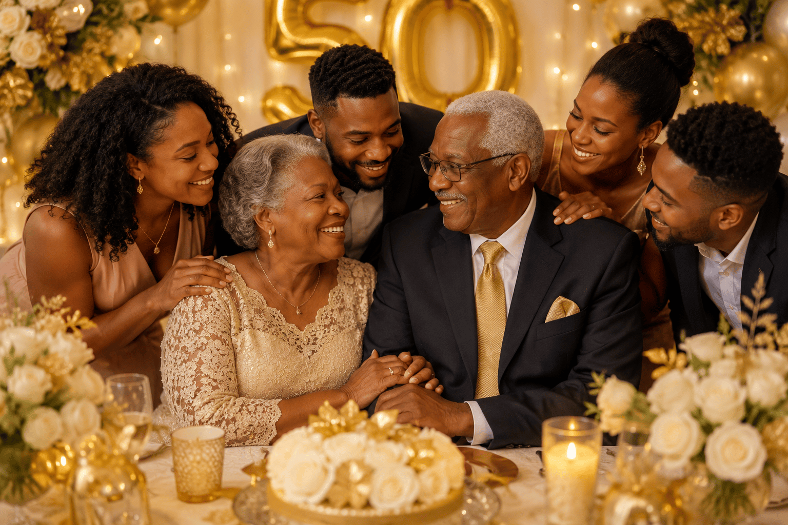Familia celebrando las bodas de oro de sus padres, con pareja mayor negra rodeada de sus hijos en un ambiente cálido y elegante.