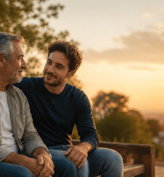 Padre e hijo adulto conversando con cariño al atardecer