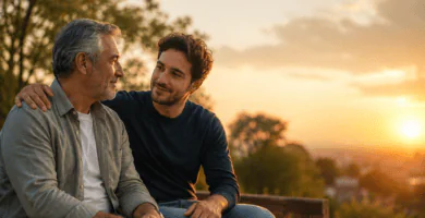 Padre e hijo adulto conversando con cariño al atardecer