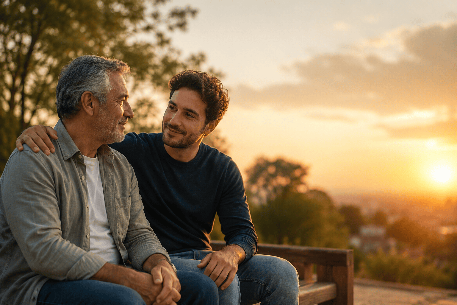 Padre e hijo adulto conversando con cariño al atardecer