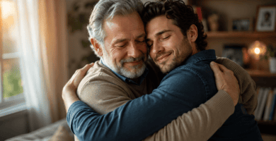Padre y su hijo adulto compartiendo un abrazo emotivo en casa