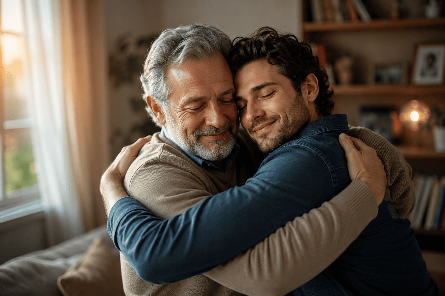 Padre y su hijo adulto compartiendo un abrazo emotivo en casa