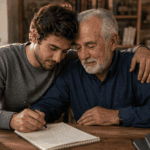 Hijo adulto escribiendo un poema largo junto a su padre