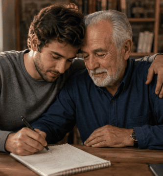 Hijo adulto escribiendo un poema largo junto a su padre