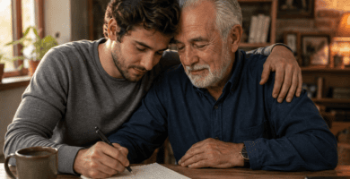Hijo adulto escribiendo un poema largo junto a su padre