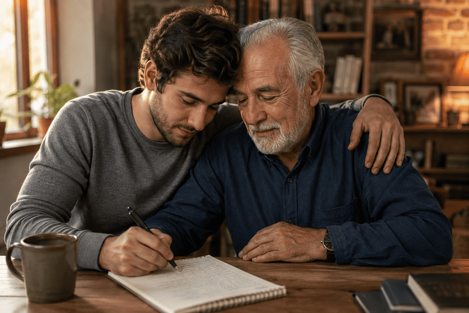 Hijo adulto escribiendo un poema largo junto a su padre