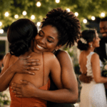 Amiga abrazando a la novia en una boda al aire libre, celebrando con emoción y alegría el matrimonio de una pareja querida.