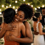Amiga abrazando a la novia en una boda al aire libre, celebrando con emoción y alegría el matrimonio de una pareja querida.