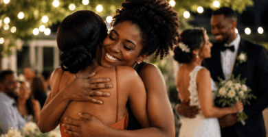 Amiga abrazando a la novia en una boda al aire libre, celebrando con emoción y alegría el matrimonio de una pareja querida.