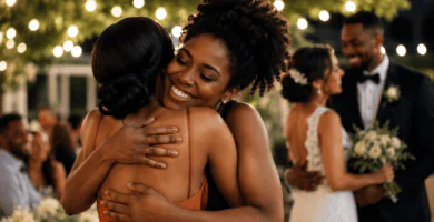 Amiga abrazando a la novia en una boda al aire libre, celebrando con emoción y alegría el matrimonio de una pareja querida.