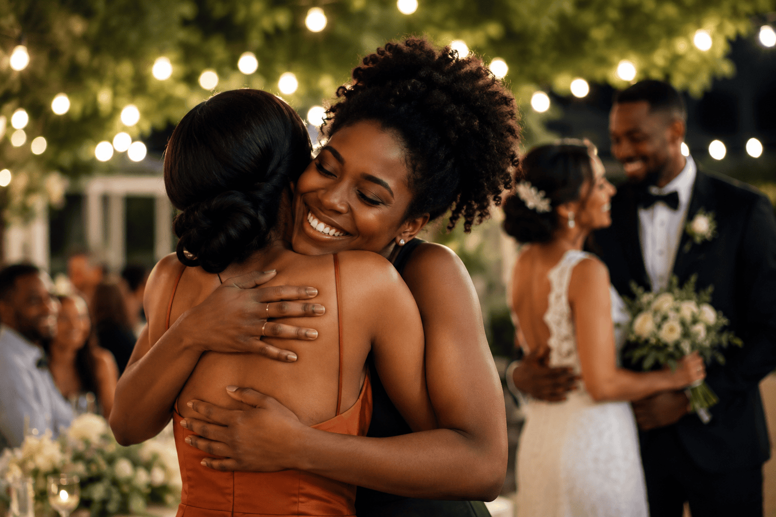Amiga abrazando a la novia en una boda al aire libre, celebrando con emoción y alegría el matrimonio de una pareja querida.