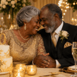 Pareja mayor de piel negra celebrando sus bodas de oro matrimoniales con decoración dorada, velas, flores y pastel de 50 aniversario.