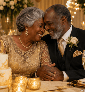 Pareja mayor de piel negra celebrando sus bodas de oro matrimoniales con decoración dorada, velas, flores y pastel de 50 aniversario.