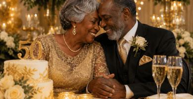 Pareja mayor de piel negra celebrando sus bodas de oro matrimoniales con decoración dorada, velas, flores y pastel de 50 aniversario.