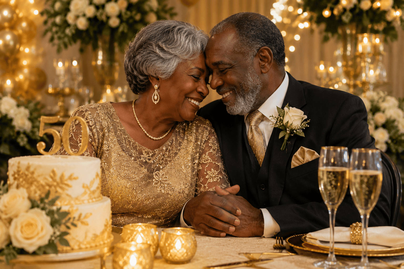 Pareja mayor de piel negra celebrando sus bodas de oro matrimoniales con decoración dorada, velas, flores y pastel de 50 aniversario.