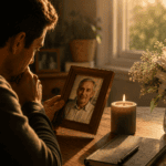 Hombre recordando a su papá fallecido mientras sostiene una fotografía familiar junto a una vela y flores