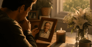 Hombre recordando a su papá fallecido mientras sostiene una fotografía familiar junto a una vela y flores