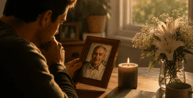 Hombre recordando a su papá fallecido mientras sostiene una fotografía familiar junto a una vela y flores