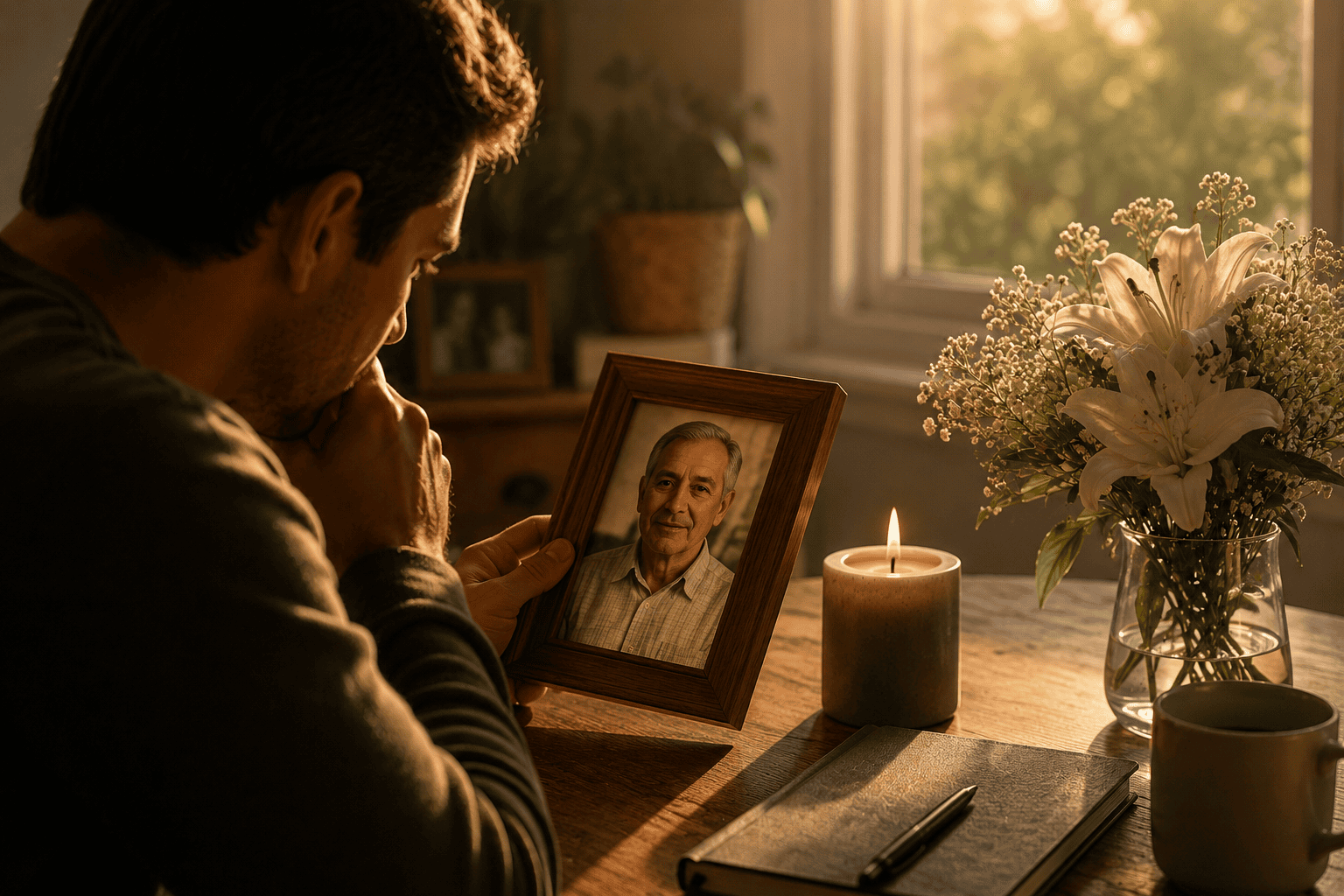 Hombre recordando a su papá fallecido mientras sostiene una fotografía familiar junto a una vela y flores