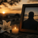 Foto de recuerdo de papá fallecido con vela encendida y flores blancas al atardecer
