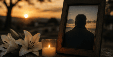 Foto de recuerdo de papá fallecido con vela encendida y flores blancas al atardecer