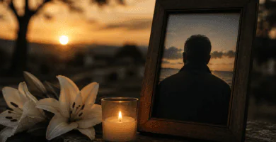 Foto de recuerdo de papá fallecido con vela encendida y flores blancas al atardecer