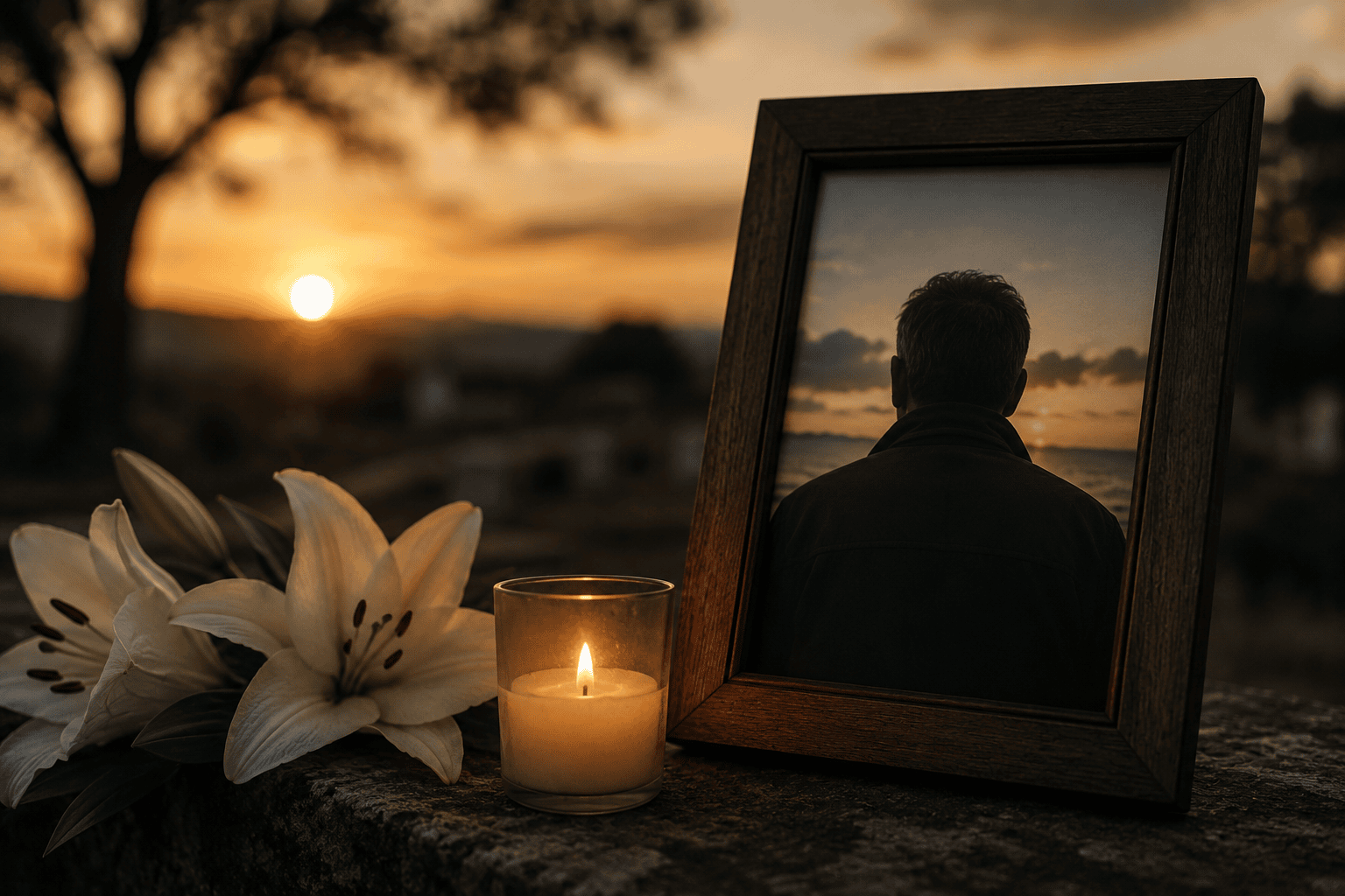 Foto de recuerdo de papá fallecido con vela encendida y flores blancas al atardecer