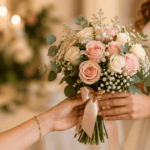 Manos entregando un ramo de novia con rosas blancas y rosadas durante un momento emotivo antes de la ceremonia.