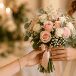 Manos entregando un ramo de novia con rosas blancas y rosadas durante un momento emotivo antes de la ceremonia.