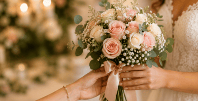 Manos entregando un ramo de novia con rosas blancas y rosadas durante un momento emotivo antes de la ceremonia.