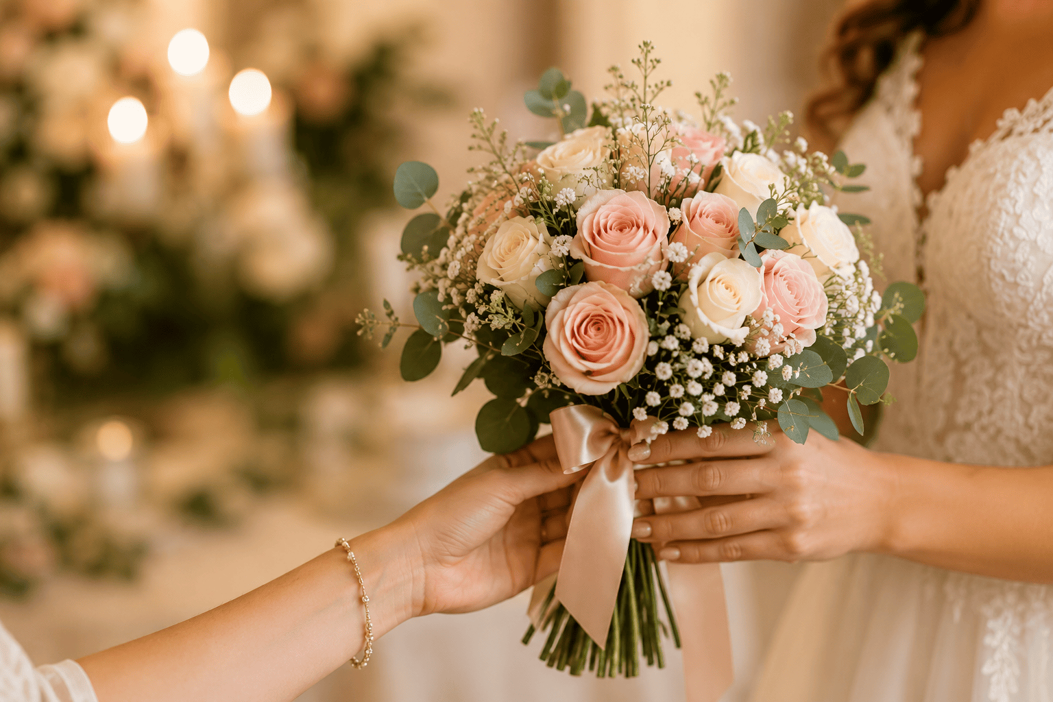 Manos entregando un ramo de novia con rosas blancas y rosadas durante un momento emotivo antes de la ceremonia.